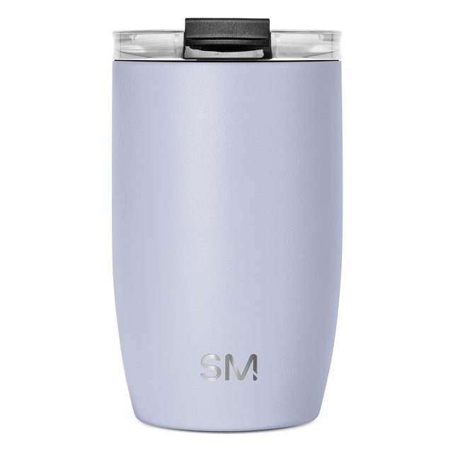 Periwinkle lavender-blue insulated tumbler with transparent clear plastic rim, black rubberized handle, and muted soft color finish.