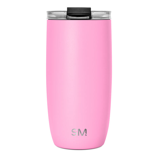 Pink tumbler with black lid and clear glass bottom, shown against white background