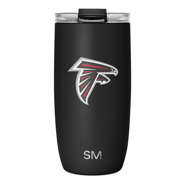 Matte black tumbler with bright red and white accents, black lid, and transparent viewing window