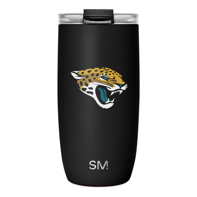Black matte tumbler with Jacksonville Jaguars logo featuring gold and mustard yellow jaguar head and body with white accents