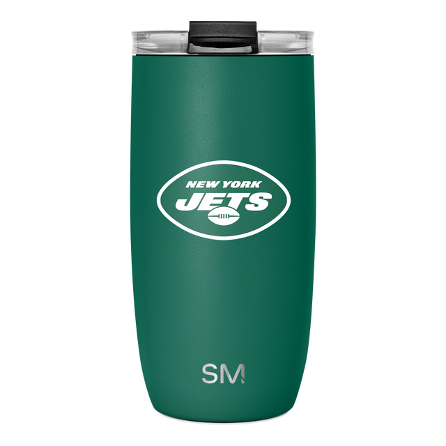 Forest green stainless steel tumbler with solid black lid and clear plastic top, featuring logo details on the lid.