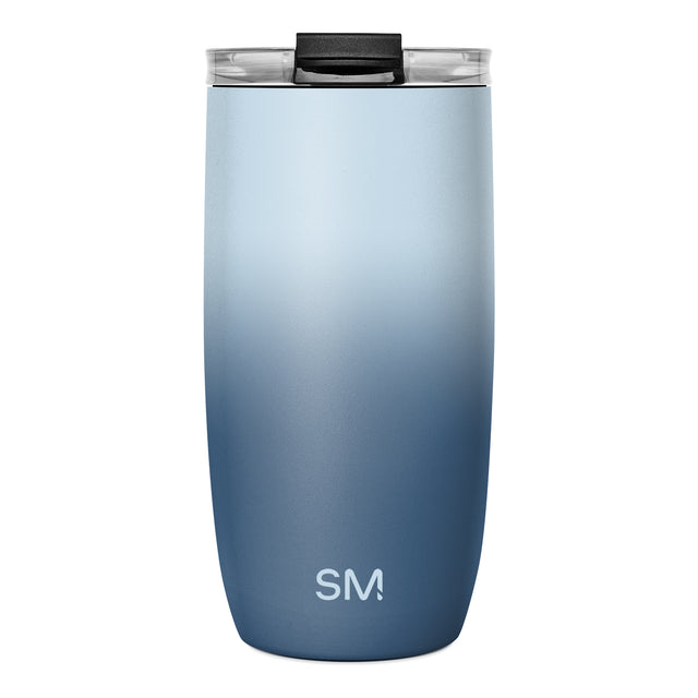 Double-walled insulated tumbler with ombre gradient from pale blue to navy blue, black lid with clear rim, transparent side handles, and Simple Modern logo on lower body against white background.