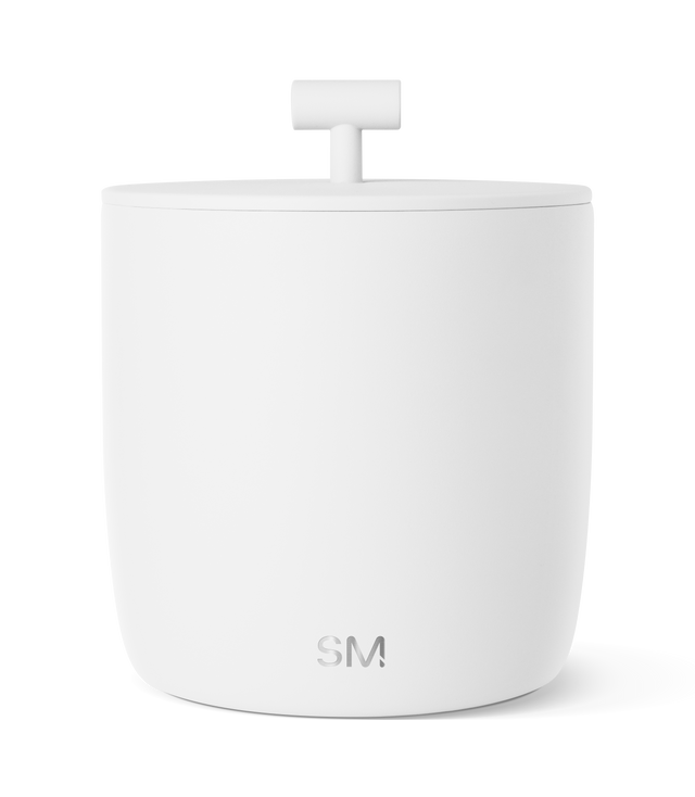 White ceramic vessel with handle and gray shading detail on white background