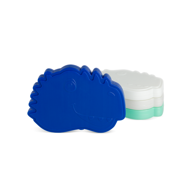 Vibrant royal blue dinosaur character figure against a white background with soft mint green accents, displayed from a front-facing angle.