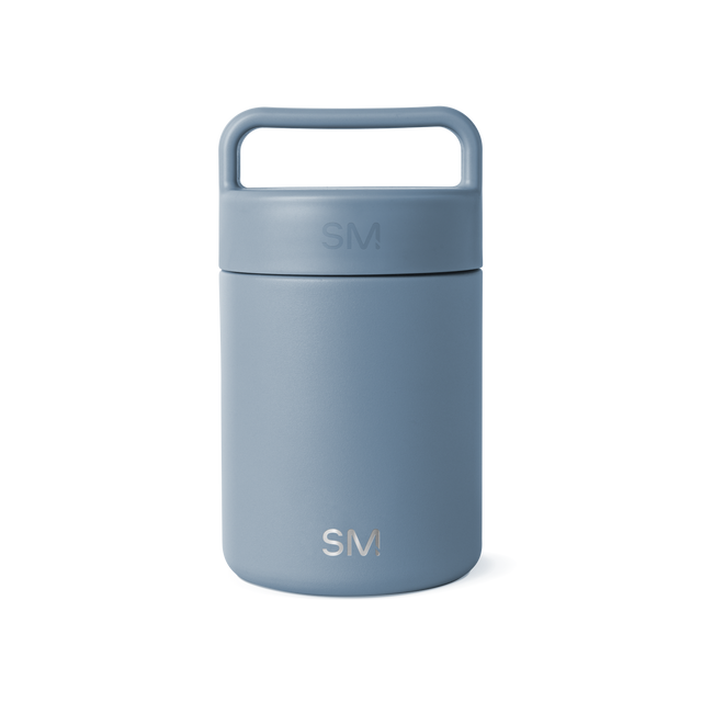 Soft blue-gray jar with handle, featuring muted sophisticated tones and subtle color depth variation from lighter handle to darker body