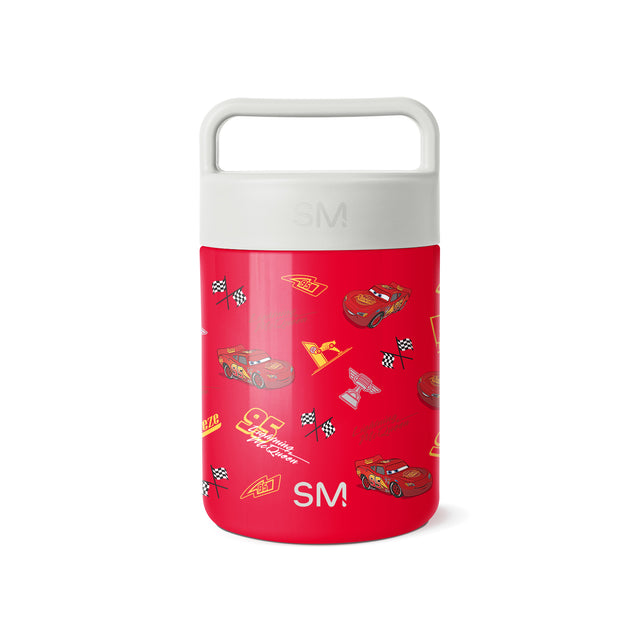 Simple Modern insulated food jar with white lid and handle, red body featuring Lightning McQueen Cars graphics, race cars, checkered flags, and yellow lightning bolts in an allover pattern.