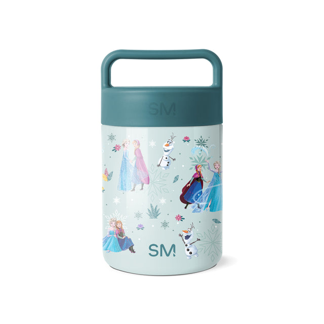 Simple Modern insulated food jar with Frozen-themed design featuring Elsa, Anna, and Olaf characters, snowflakes, and botanical details in blue, teal, and pink on pale blue-gray cylindrical body with teal handle and lid.