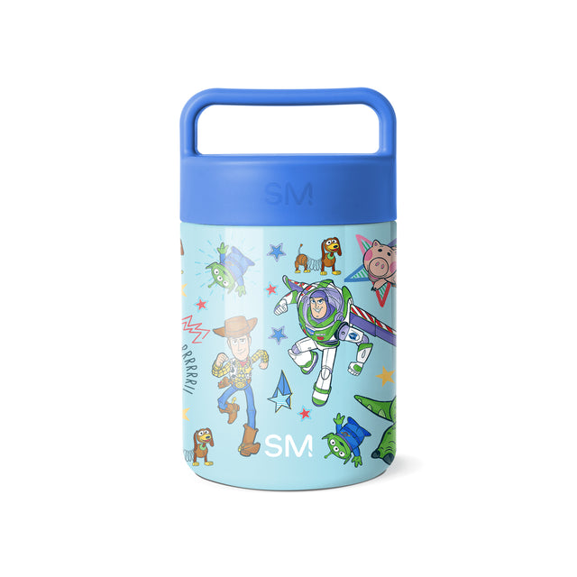 Simple Modern insulated food jar with cobalt blue lid and handle, featuring Toy Story characters including Buzz Lightyear, Woody, Hamm, and Slinky Dog on pale aqua-green body with scattered colorful stars.