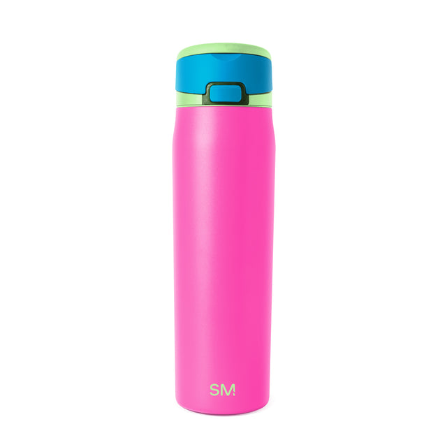 Hot pink insulated water bottle with turquoise upper band, lime green accent stripe, and dark gray lid with carrying loop. Simple Modern logo in lime green on lower body. White background.