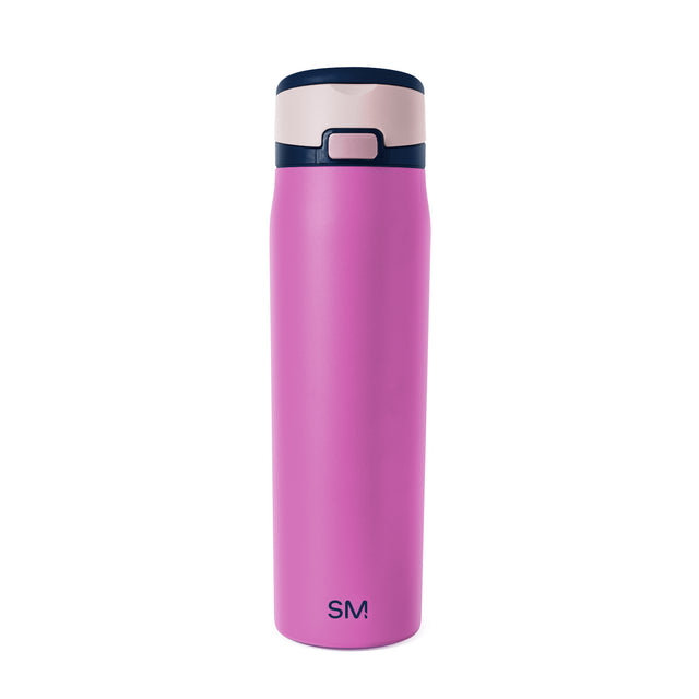 Fuchsia pink insulated tumbler with pale blush pink band and accents on upper section and rim