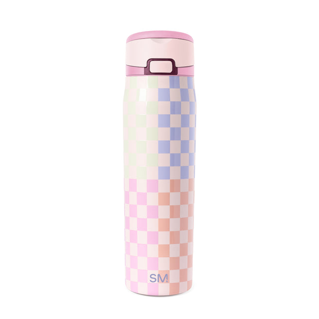 Simple Modern 24oz insulated water bottle with pink lid, featuring a soft pastel checkerboard pattern in pink, lavender blue, beige, and mint green, displayed against white background.
