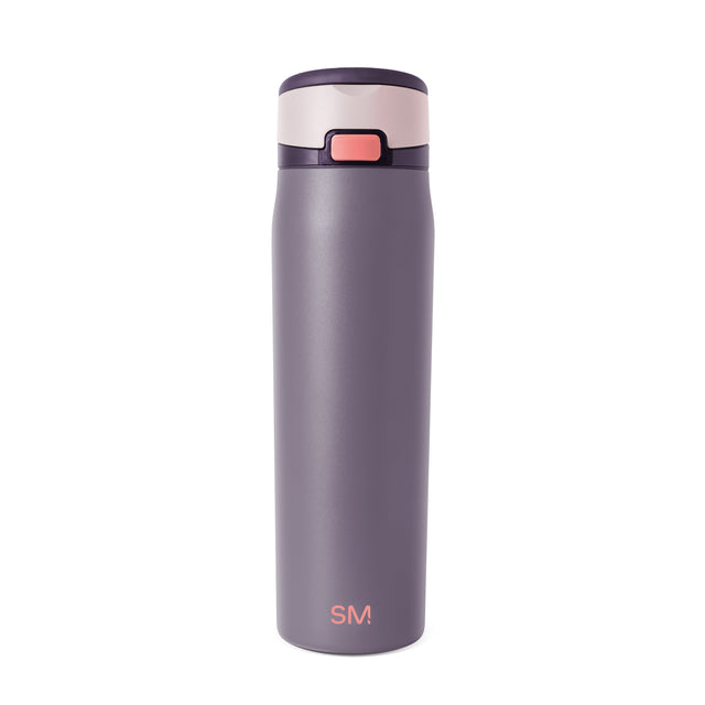 Muted purplish-gray ceramic mug with soft blush pink band around the upper rim, modern minimalist drinkware design.