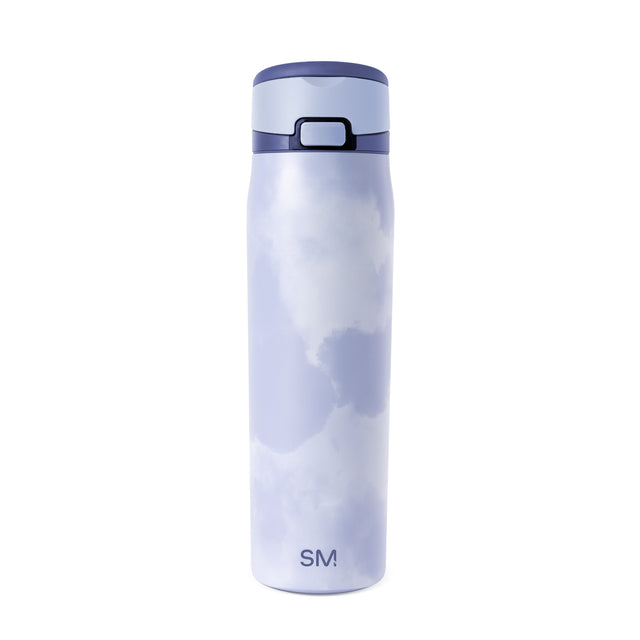 Periwinkle insulated water bottle with abstract gray and white cloud pattern, navy blue lid with handle, and SM logo. Studio shot on white background.