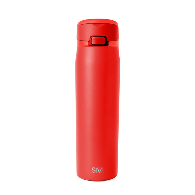 Coral-red cylindrical water bottle with darker red cap and black rim accents