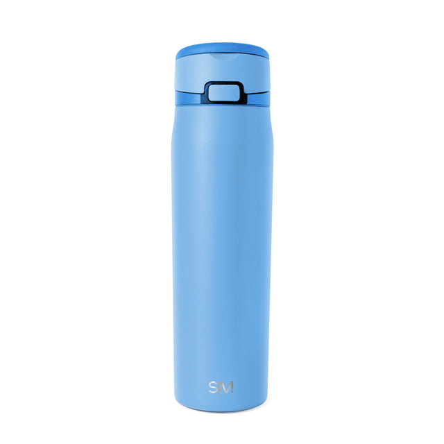 Light periwinkle blue water bottle with navy blue cap and band on white background