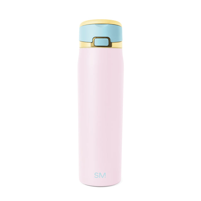 Simple Modern insulated water bottle with soft pink body, light blue lid section, cream top, and gold metal accents against white background.