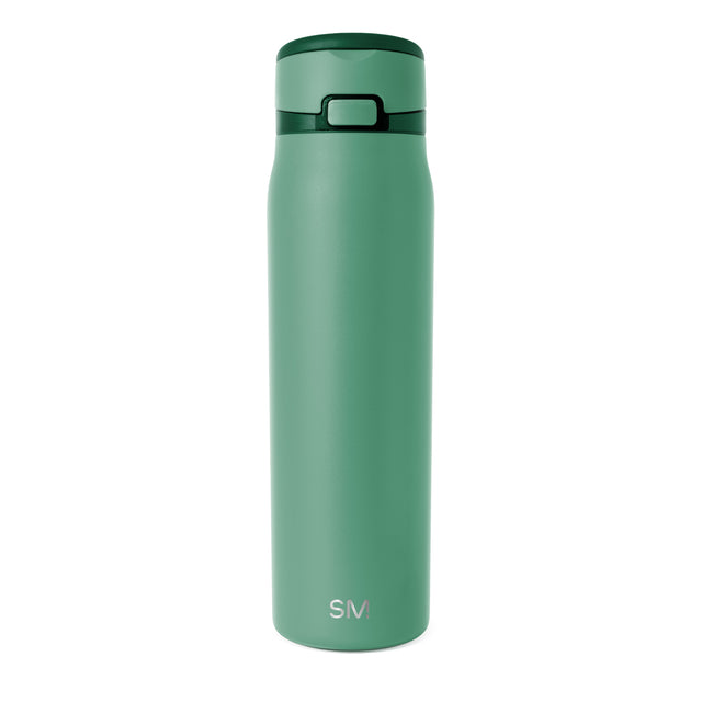 Tall cylindrical insulated water bottle in sage green with matte finish and forest green band across upper portion