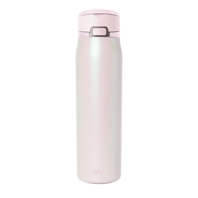 Pale pink insulated water bottle with gray lid and Simple Modern logo, centered on white background.