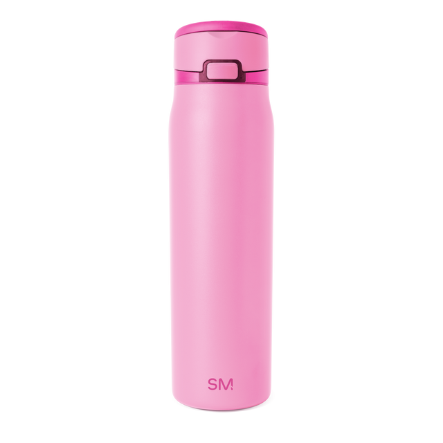Vibrant pink insulated bottle with magenta lid and handle on white background