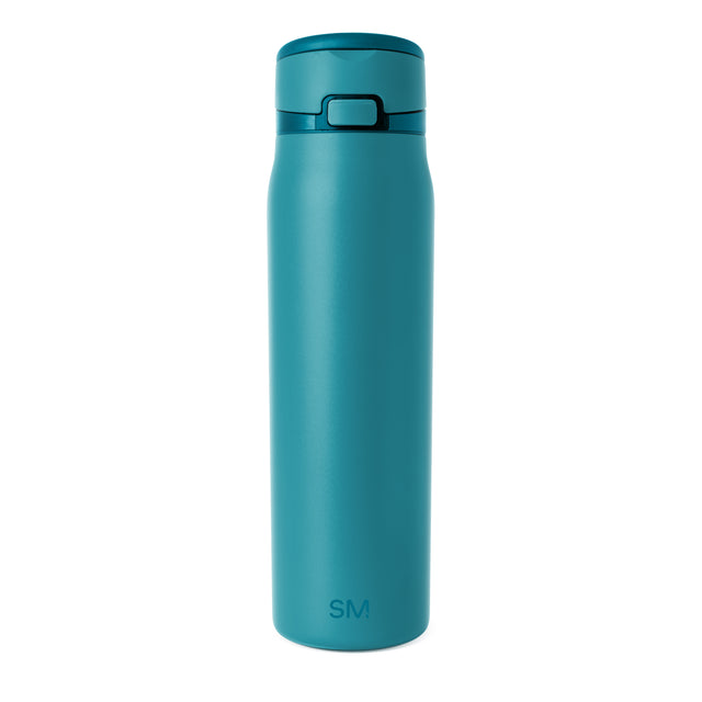 Teal blue water bottle with darker navy blue lid and rectangular button accent