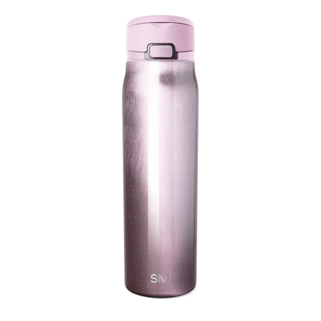 Tall insulated water bottle with pink-to-gray ombre gradient, matte light pink lid with black toggle button, brushed metallic finish, SM logo on lower body, centered on white background.