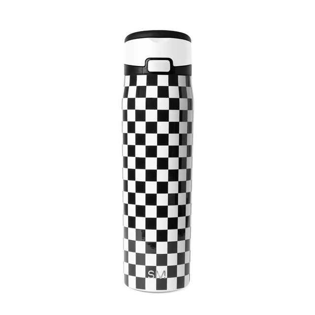 Black and white checkerboard water bottle with carry handle and SM logo on neutral background