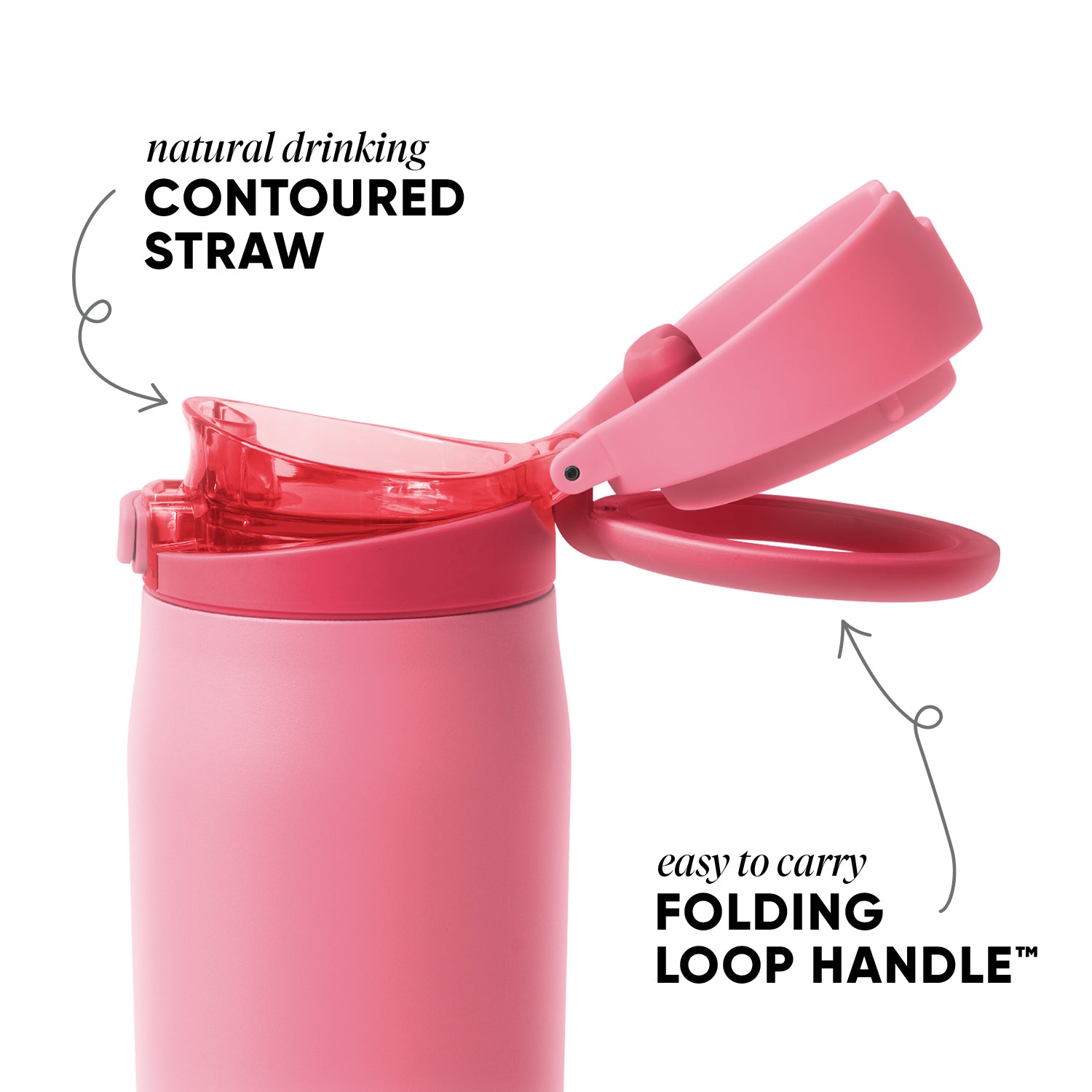 Light pink Simple Modern tumbler with open lid system showing bright pink and coral accents, natural contoured straw, and folding loop handle on white background. Product feature labels visible.