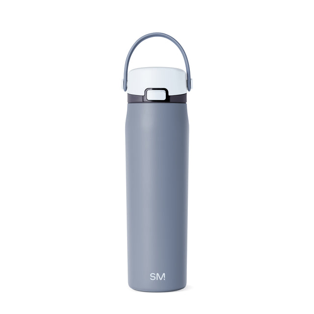 Soft slate blue insulated water bottle with white lid and cap, featuring a sleek cylindrical design for hydration and temperature retention