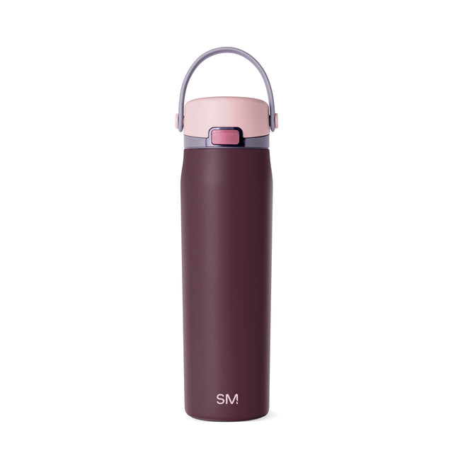 Deep burgundy and mauve water bottle with wine-colored main body and lighter top section, featuring a sophisticated muted color palette.