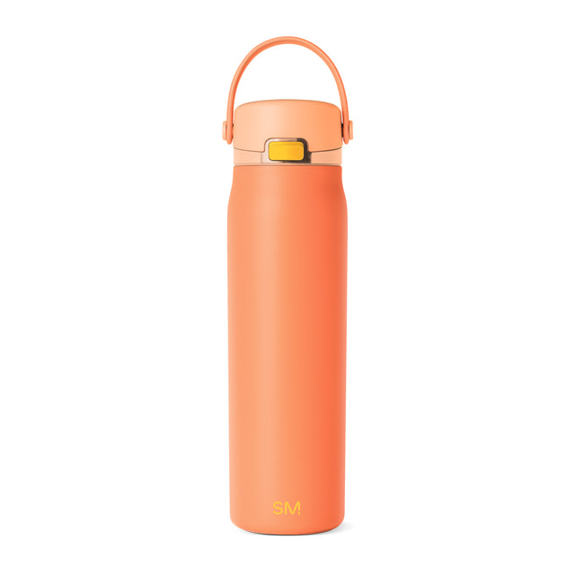 Tall cylindrical coral-orange stainless steel water bottle with sleek modern design and tapered profile, displayed against a neutral background.