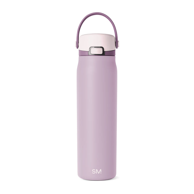 Tall insulated water bottle in soft lavender-mauve color with SM brand logo in white text, cylindrical shape with tapered design