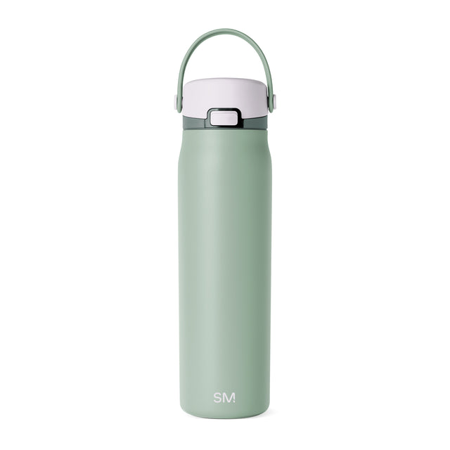 Sage green bottle with white cap, handle, and trim bands