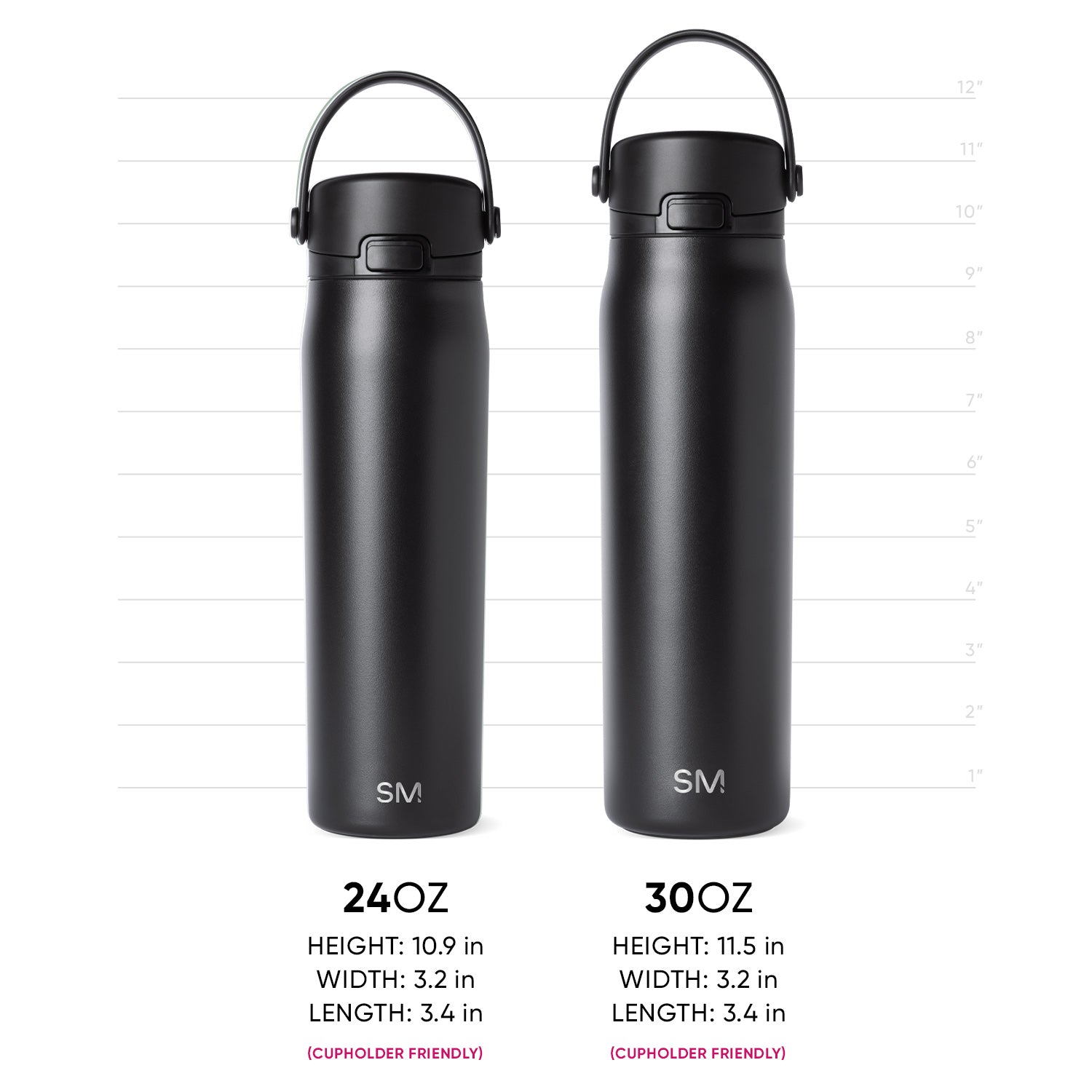 Two matte black water bottles displayed side by side against a white background, shown with measurement reference for size comparison.