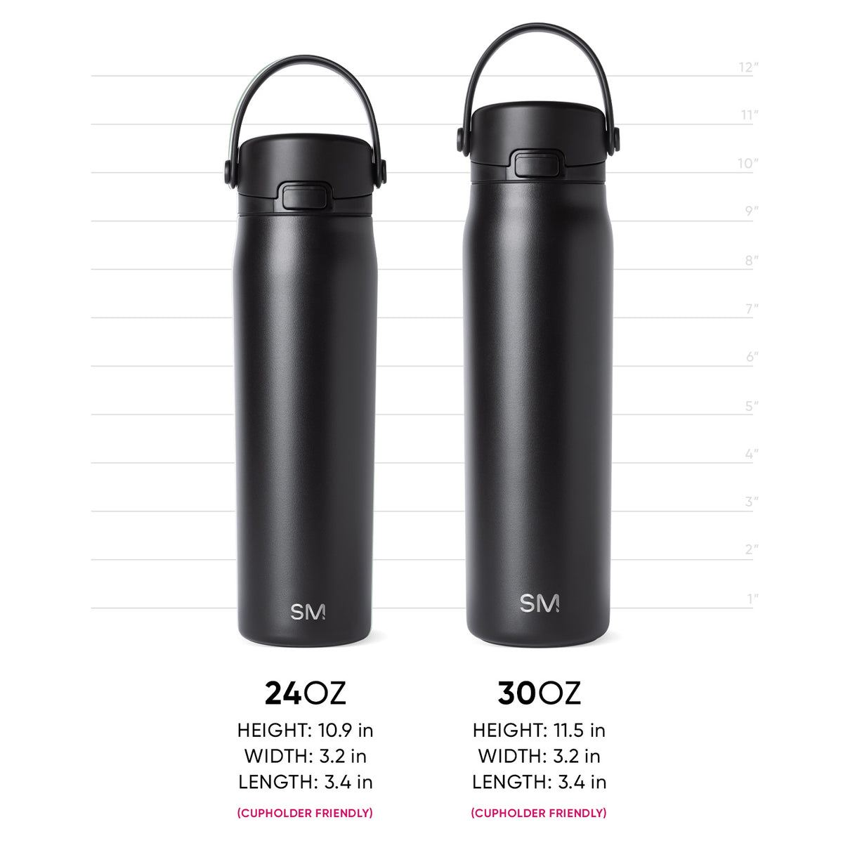 Two matte black water bottles displayed side by side against a white background, shown with measurement reference for size comparison.