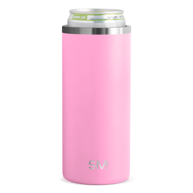 Bright pink slim cylindrical drink holder with brushed stainless steel rim bands on top and bottom edges