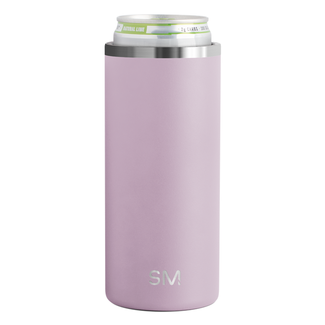 Cylindrical product with soft mauve dusty pink body and brushed stainless steel silver band around the top portion