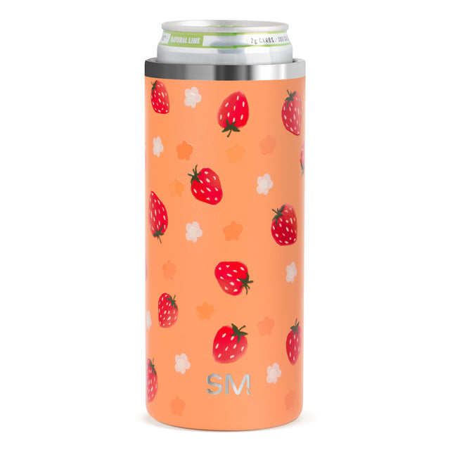 Stainless steel slim ranger insulated can cooler with orange outer wrap and red repeating pattern on white background
