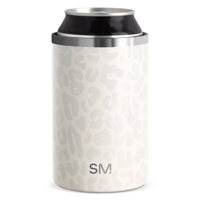 Cream and stainless steel cylindrical beverage insulator with black accents on white background