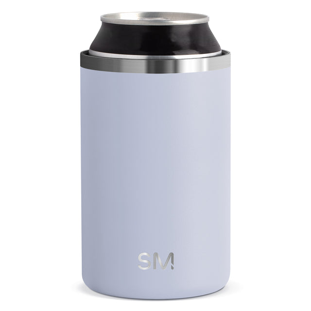 Pale periwinkle blue can cooler with metallic silvery-gray accents on the top and middle sections