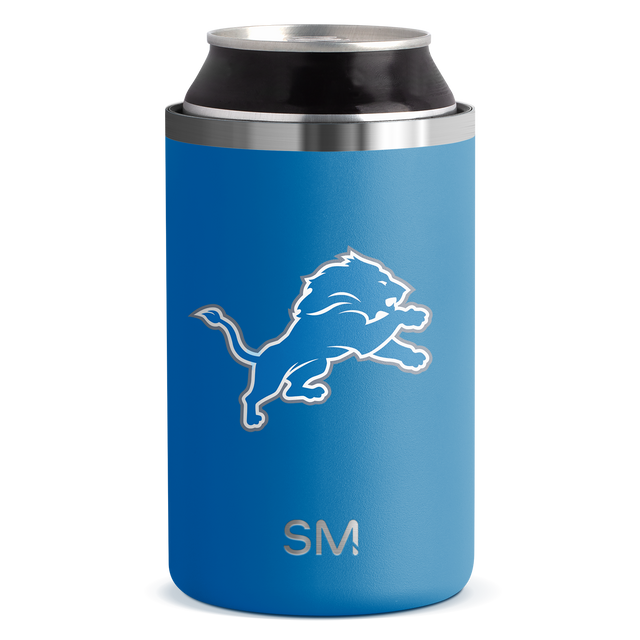 Blue beverage can with stainless steel rim and silver metal band accents around the top.