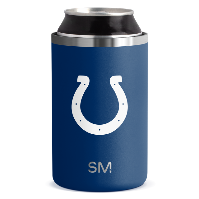 Navy blue cylindrical can holder with brushed silver metal bands at top and middle, white logo detail