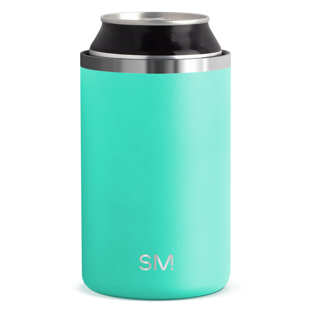 Turquoise insulated water bottle with brushed stainless steel rim and upper band, cylindrical design
