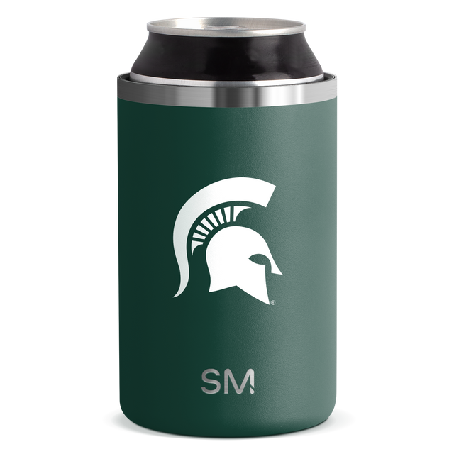 Forest green can cooler with brushed stainless steel band accents on upper rim and lower base