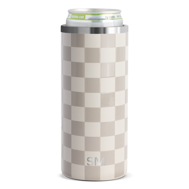 Tall cylindrical beverage can insulator with alternating taupe and cream white checkerboard pattern wrapping around the entire surface.