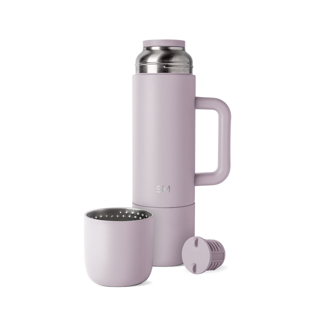Mauve drinkware set with brushed stainless steel accents, featuring soft purple-pink tones on exterior surfaces.