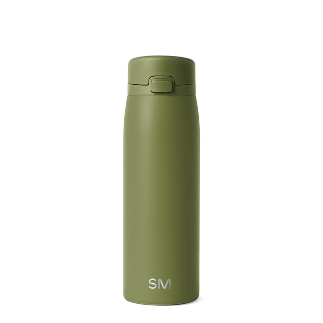 Sage green insulated water bottle with cylindrical shape and tapered top on white background