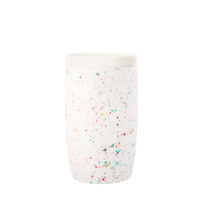White container with scattered hot pink, coral, yellow, turquoise, and teal blue accent colors