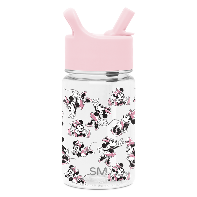 Pink and clear Simple Modern water bottle with transparent body against white background, featuring decorative design