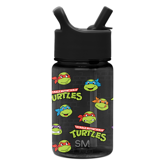Dark semi-transparent bottle with lime green and yellow-green character illustrations and bright accents