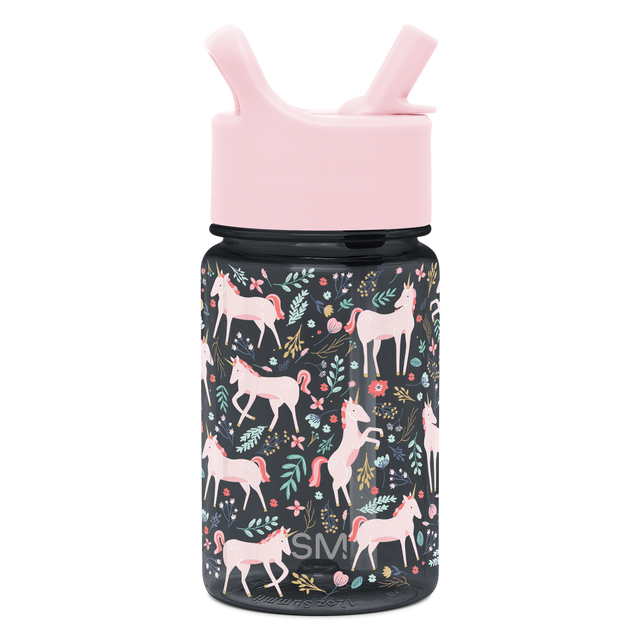 Dark charcoal water bottle with pale pink upper section, handles, and lid.